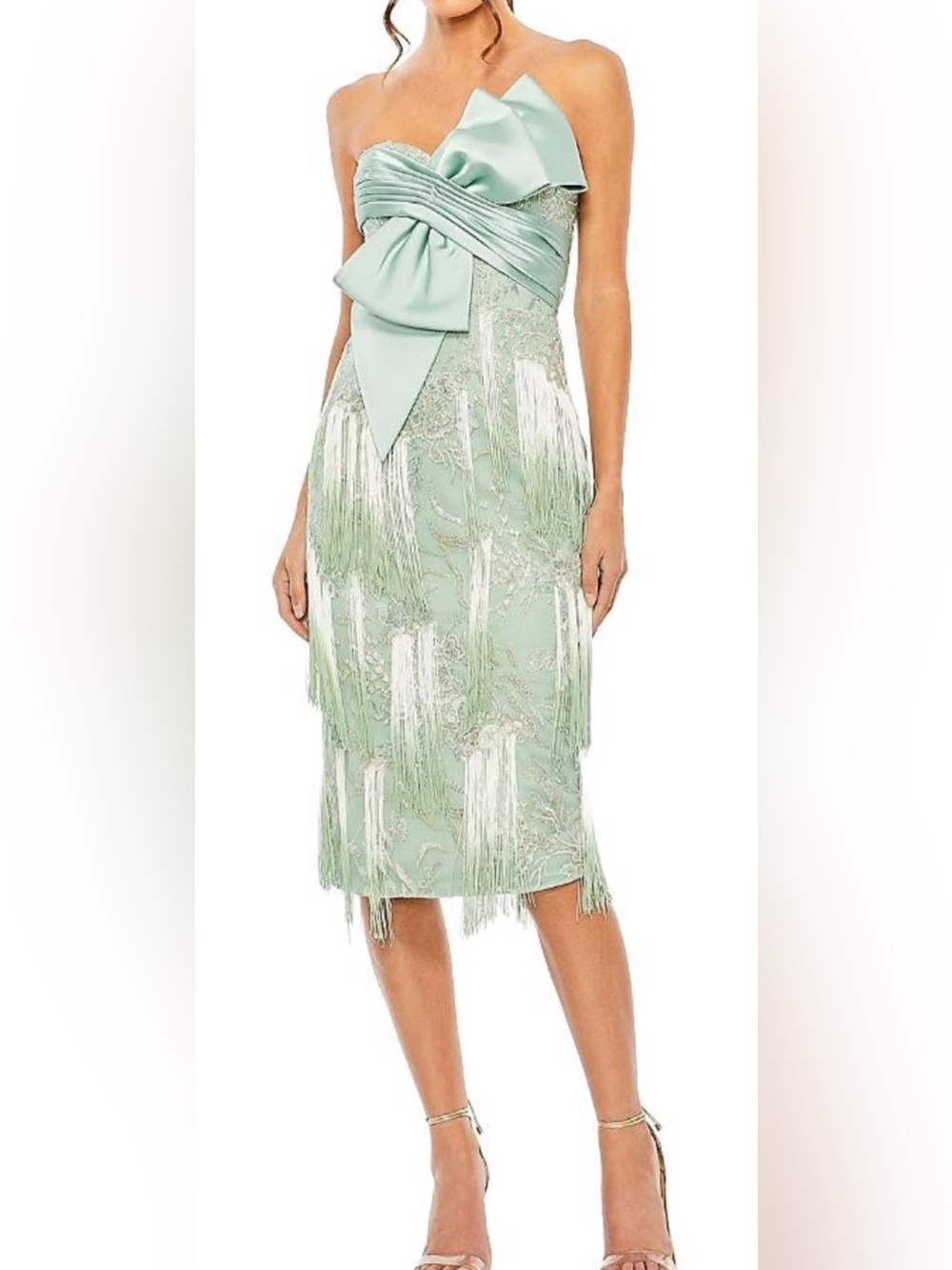MAC DUGGAL MINT GREEN STRAPLESS EMBROIDERED FLORAL DRESS SEQUINS FRINGE SZ 8
